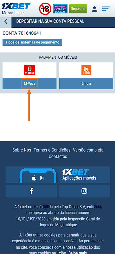 Sistema de pagamento m-pesa em 1xBet