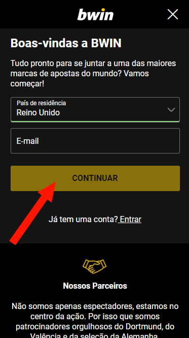 Formulário de registo BWIN
