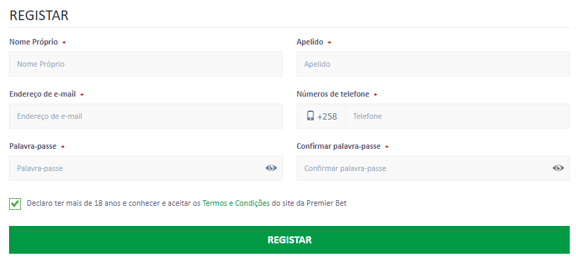 Formulário de inscrição PREMIER BET