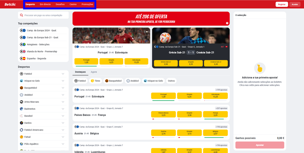 Menu superior da Betclic