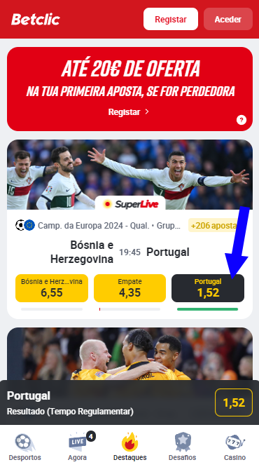 Seleção de probabilidades Betclic