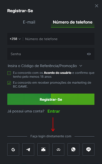 Registo através das redes sociais BC.Game
