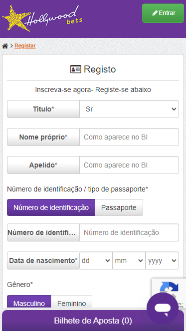 Formulário de registo Hollywoodbets