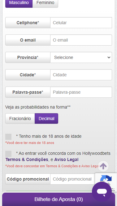 Formulário de registo Hollywoodbets