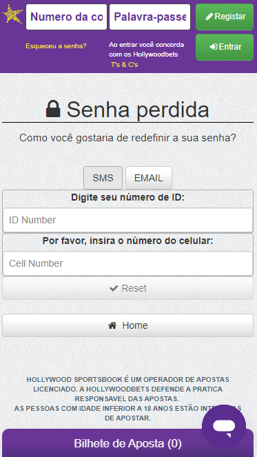 Recuperação da palavra-passe do Hollywoodbets por SMS