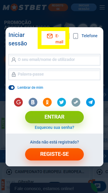 Autorização por correio eletrónico Mostbet