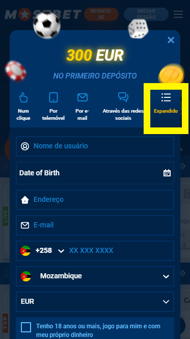 Registo com a Opção Avançada Mostbet