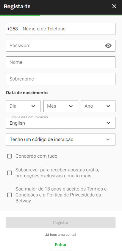 Formulário de inscrição BETWAY