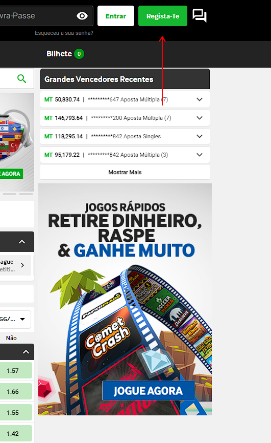 Botão de registo Betway