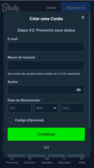 Stake Registo do bife por correio eletrónico