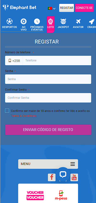 Registo no Elephant bet