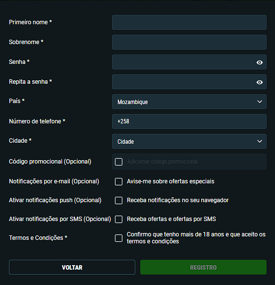 Formulário de registo JogaBets