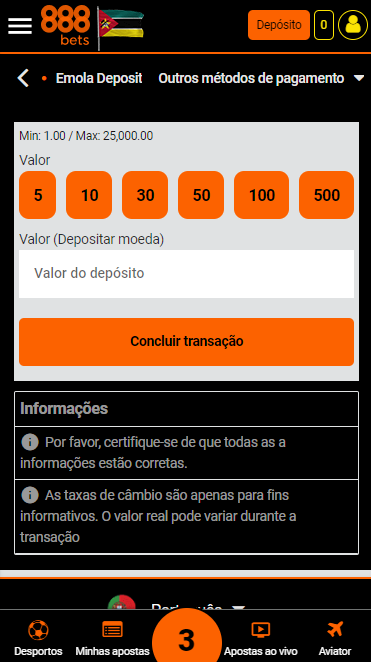 Formulário do sistema de pagamento e-Mola 888bet