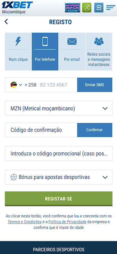 Registo por número de telefone 1xbet