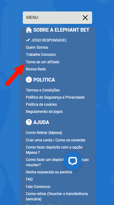 Secção com o programa de afiliados da Elephant bet