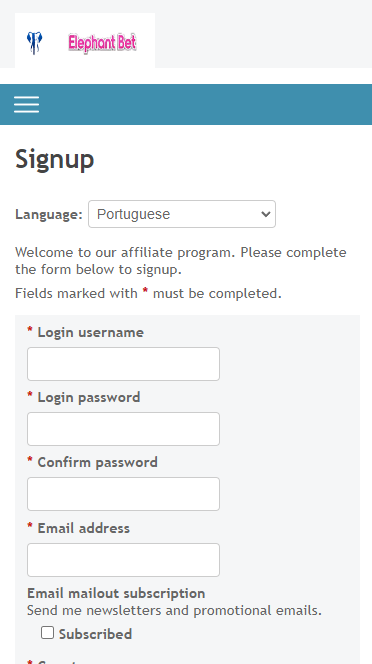 Registo como parceiro da Elephant bet