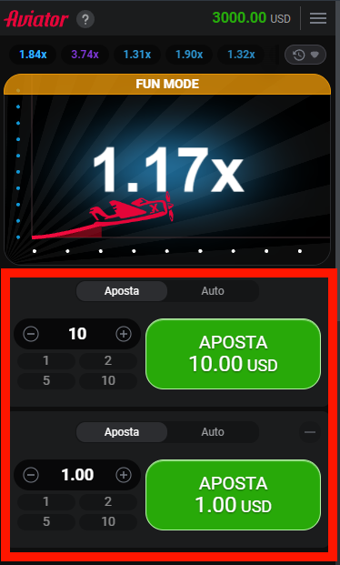 Área de apostas do Aviator Jogabets