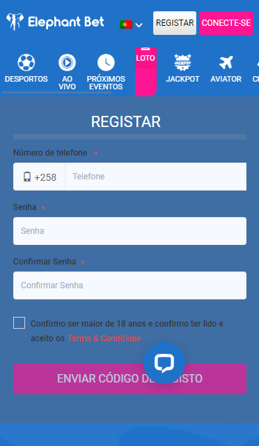 Formulário de registo Elephante bet