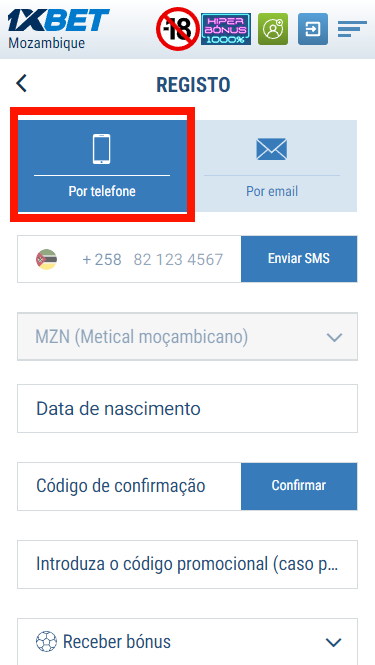 Registo por número de telefone 1xbet