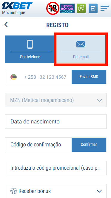 Registo por e-mail 1xbet