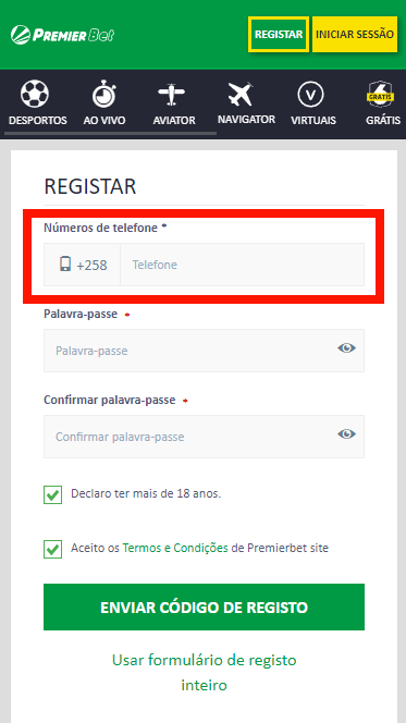 Área de introdução do número de telefone