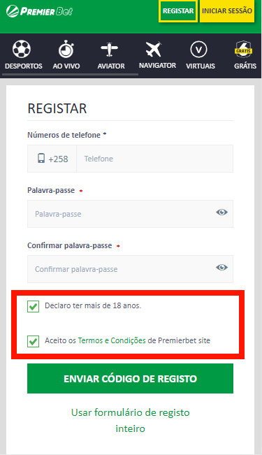 Confirmação da maioridade e concordância com os termos e condições da Premier Bet