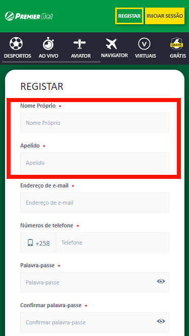 Zonas para introduzir o nome e o apelido