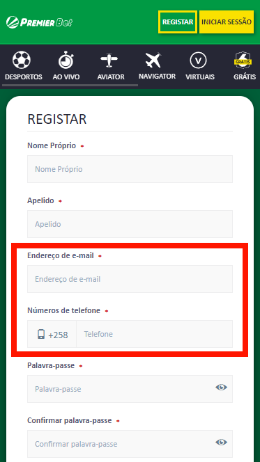 Áreas para introduzir o número de telefone e o e-mail