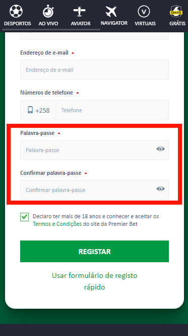 Áreas de entrada com password