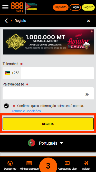 Botão de registo 888bets