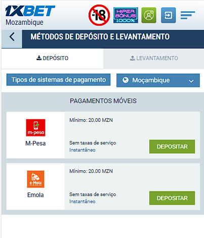 Métodos de pagamento 1xBet