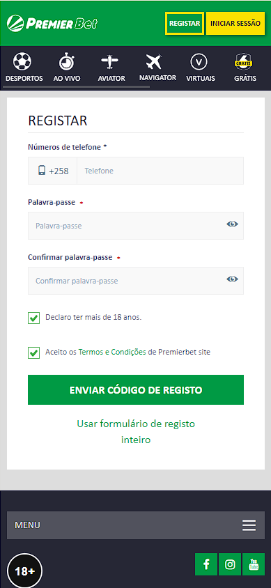 Formulário de registo curto da Premier Bet