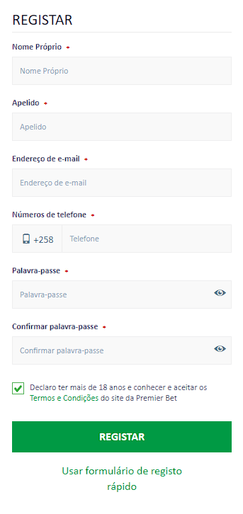 Formulário de registo completo da Premier Bet