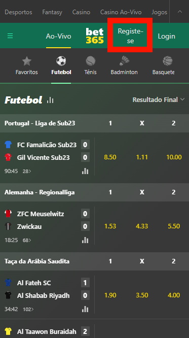 Registo na Bet365