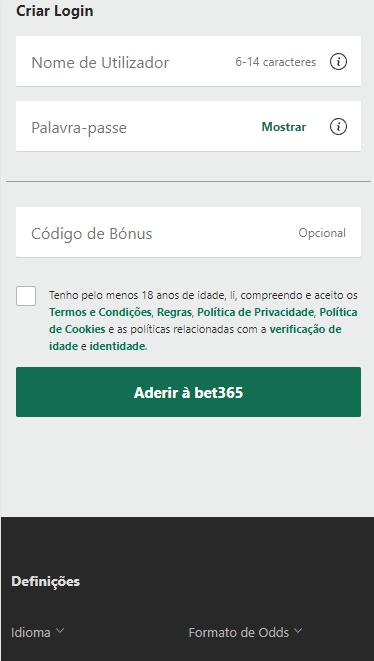 Fase final do registo na Bet365