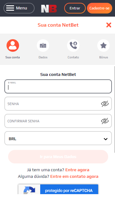 Formulário de registo NetBet