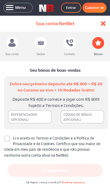 Bónus de Inscrição NetBet