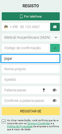 Introduzir o código promocional jogar no formulário de registo