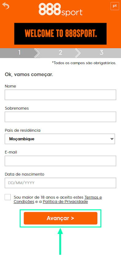 primeira fase do registo em 888sport
