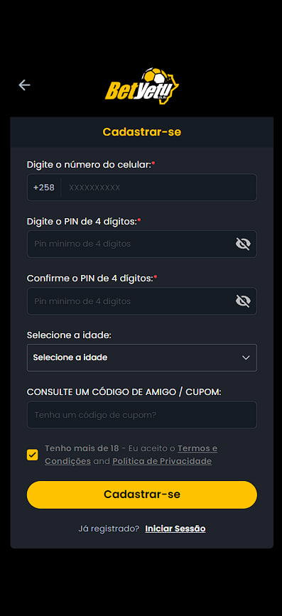 introduzir informações pessoais durante o registo na loja de apostas BetYetu