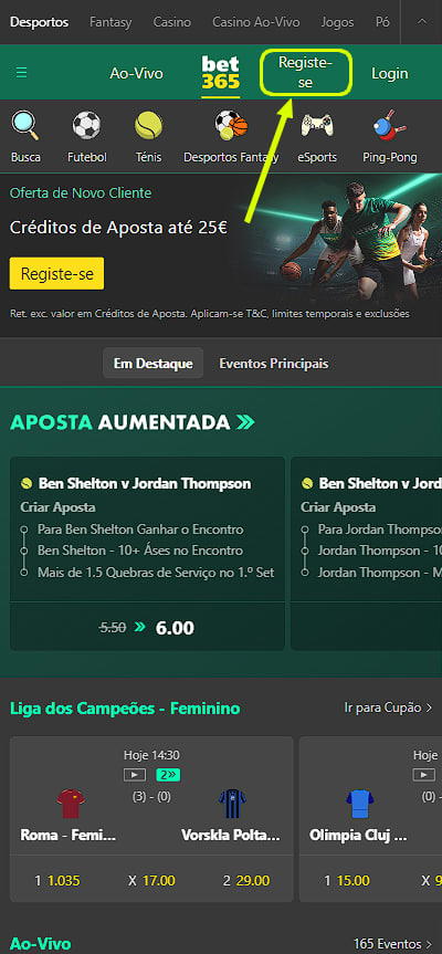 Registo em Bet365