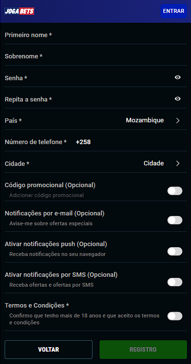 Registo no JogaBets a partir do telemóvel
