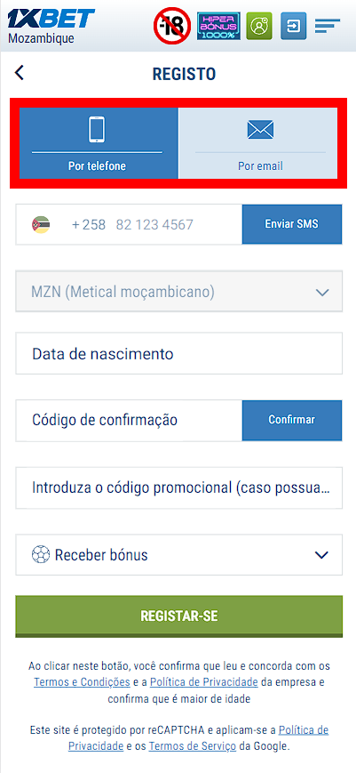 Tipos de registo na 1xBet