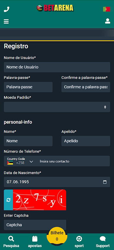 formulário de registo BetArena