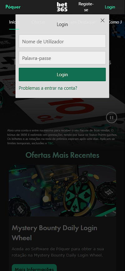 Instruções sobre como introduzir o login e a palavra-passe em bet365