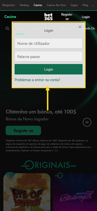 Como introduzir o seu login e palavra-passe de Bet365