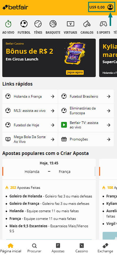 menu principal depósito Betfair casa de apostas escritório