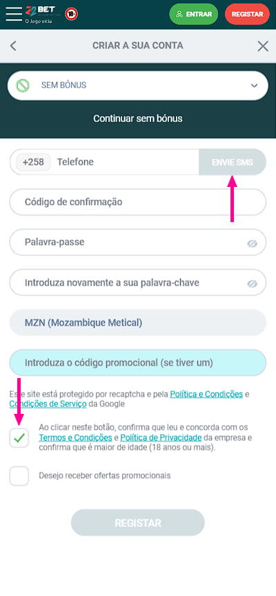 formulário para preenchimento de informações pessoais durante o registo na aplicação móvel da casa de apostas 22bet