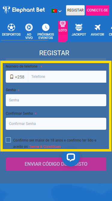 Formulário de inscrição na Aposta do Elefante