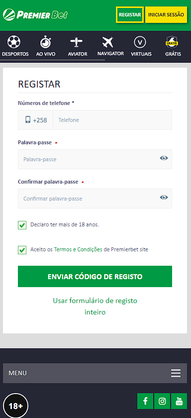 breve formulário de registo Premierbet